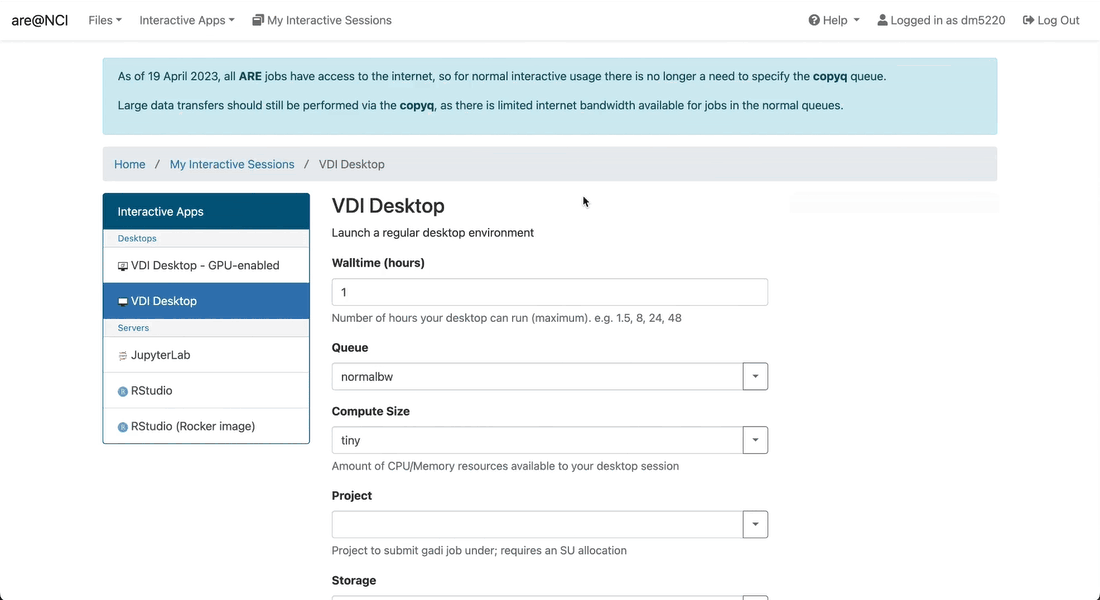 Launch ARE VDI session example